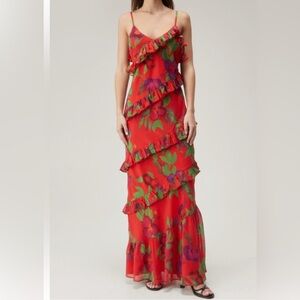 Nasty Gal tiered Ruffle Floral Dress - Red and Green
